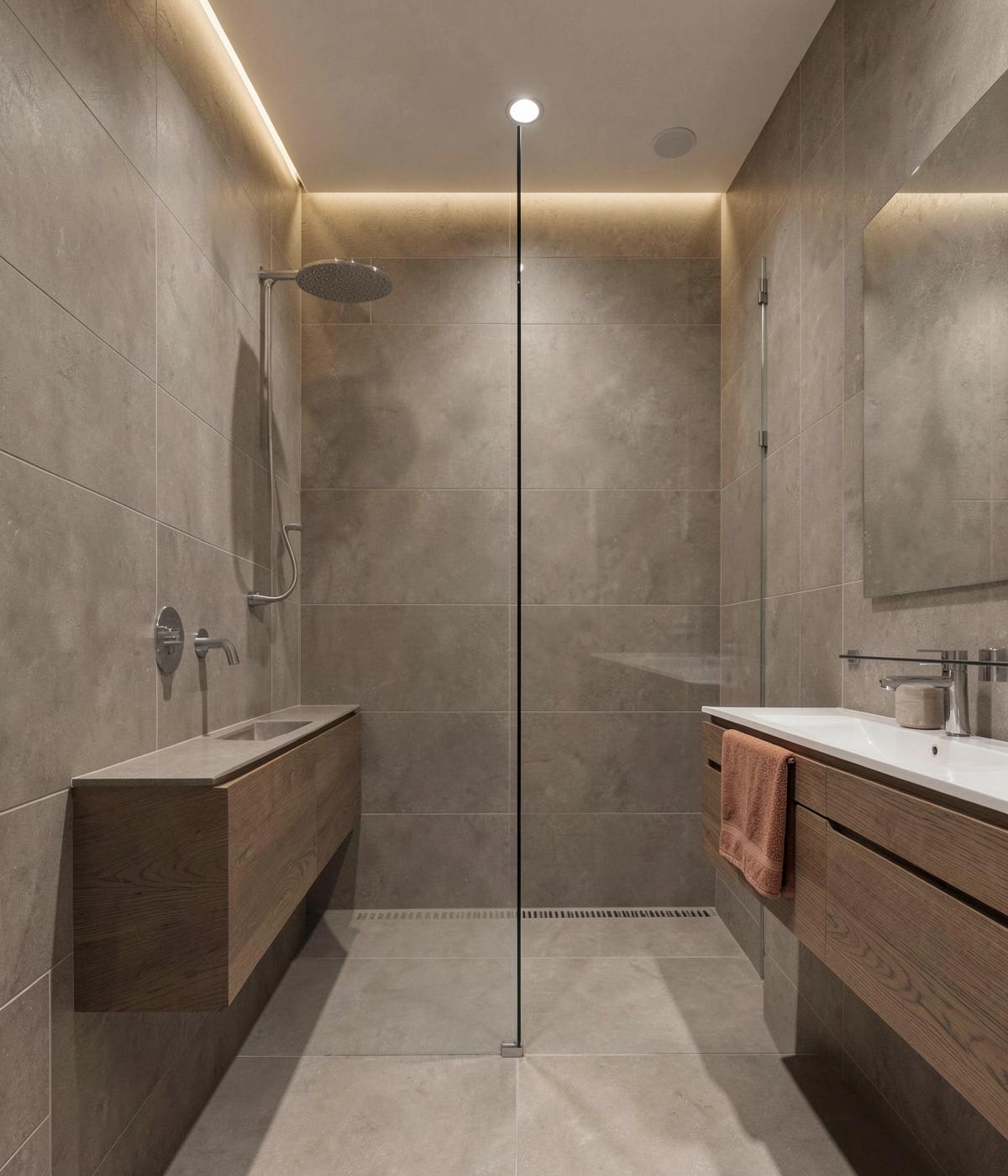 Traumbad mit fugenarmen Großformatfliesen und bodengleicher Dusche